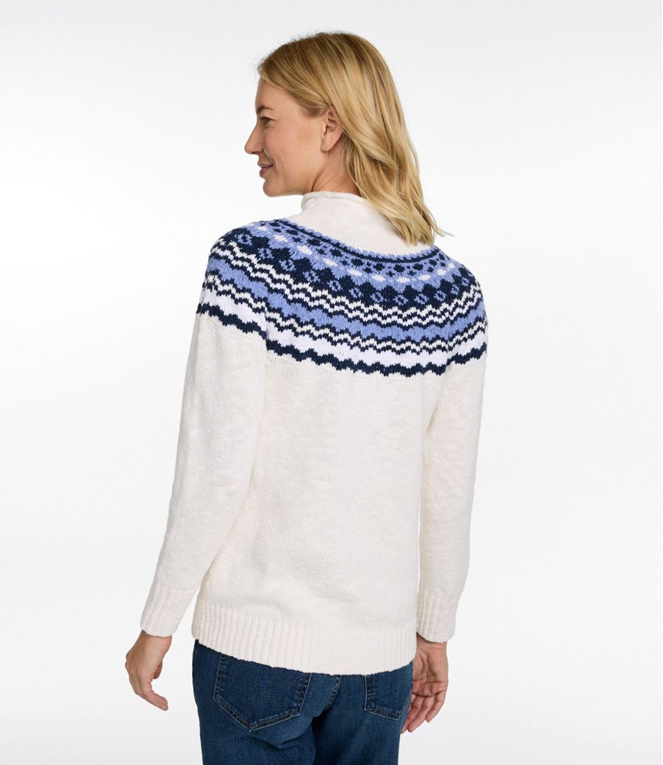 Women's Cotton Ragg Sweater, Funnelneck Pullover Fair Isle