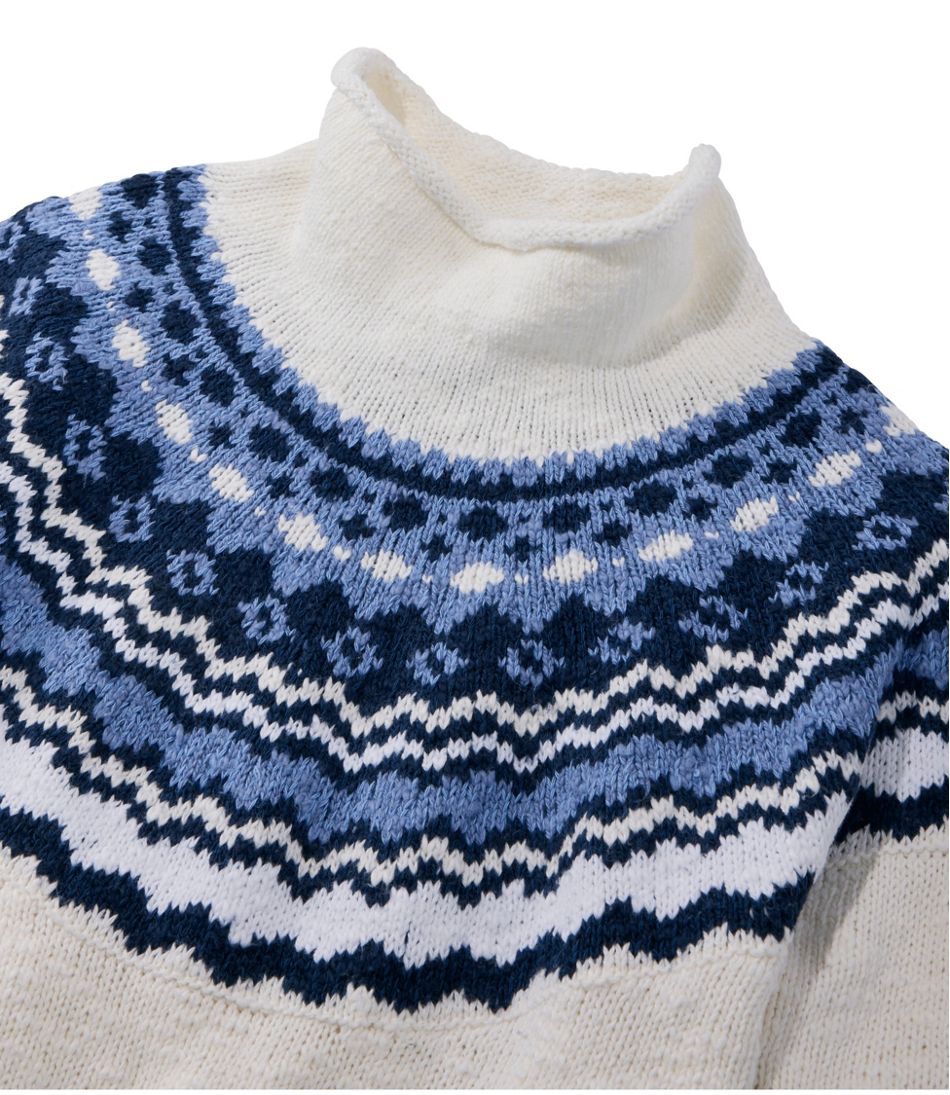 Women's Cotton Ragg Sweater, Funnelneck Pullover Fair Isle
