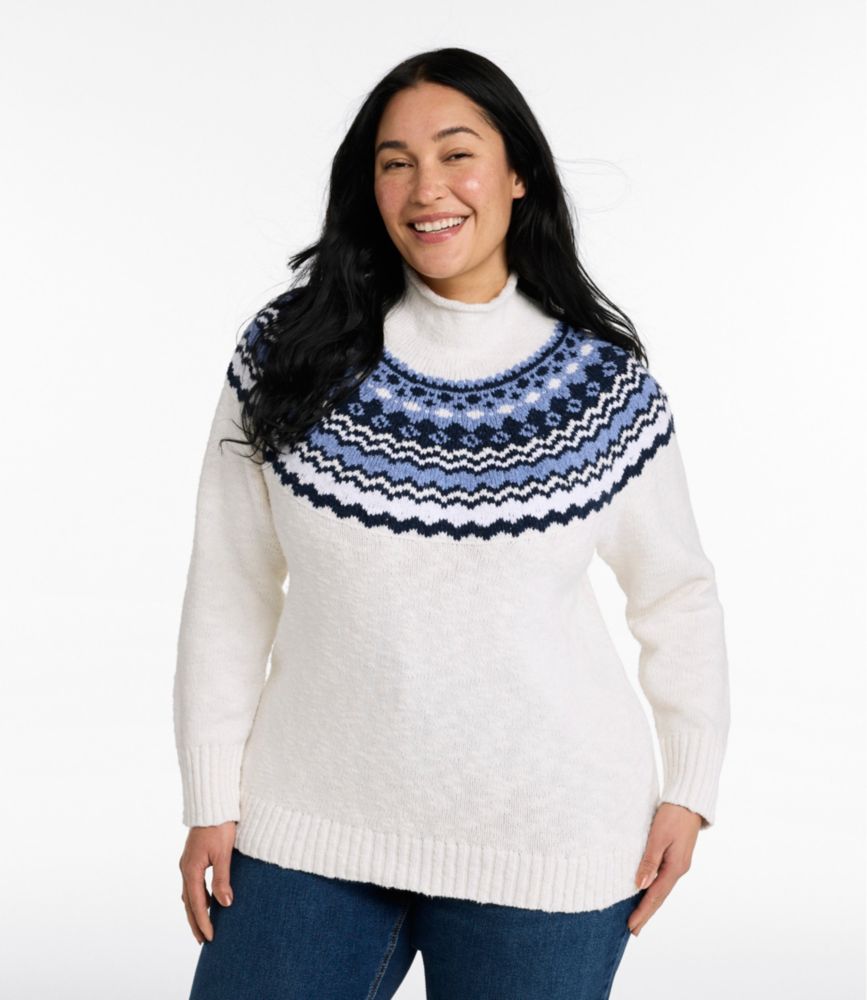 Women's Cotton Ragg Sweater, Funnelneck Pullover Fair Isle