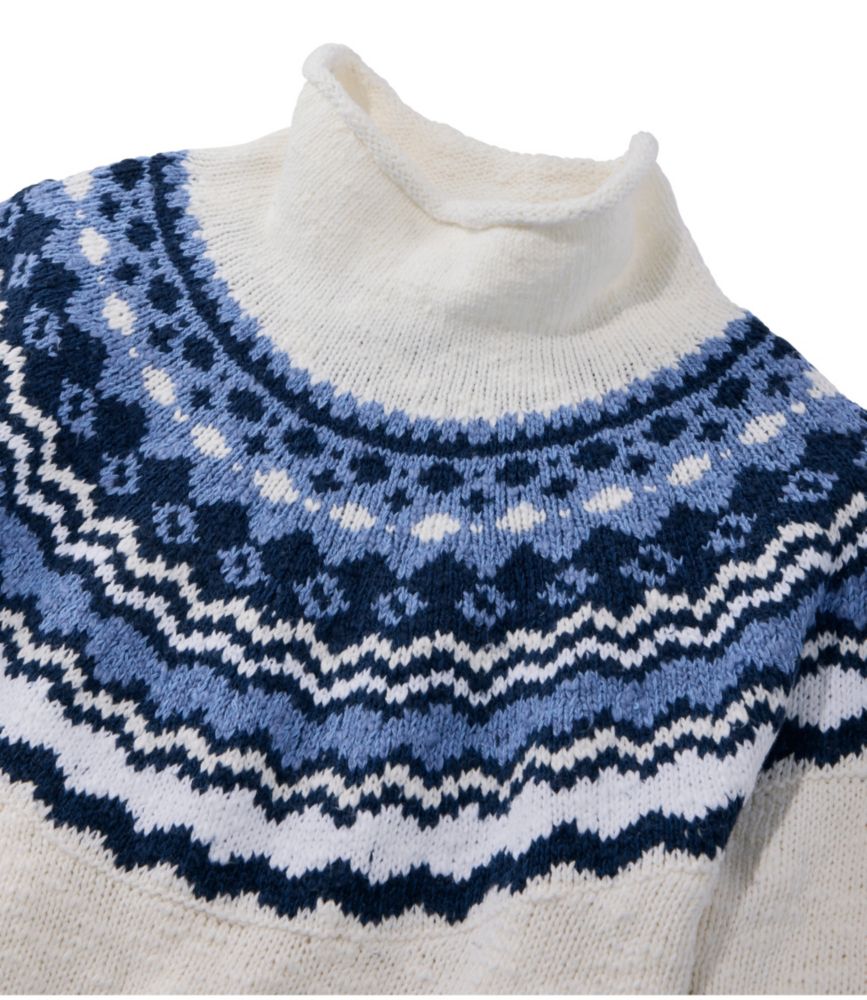 Women's Cotton Ragg Sweater, Funnelneck Pullover Fair Isle