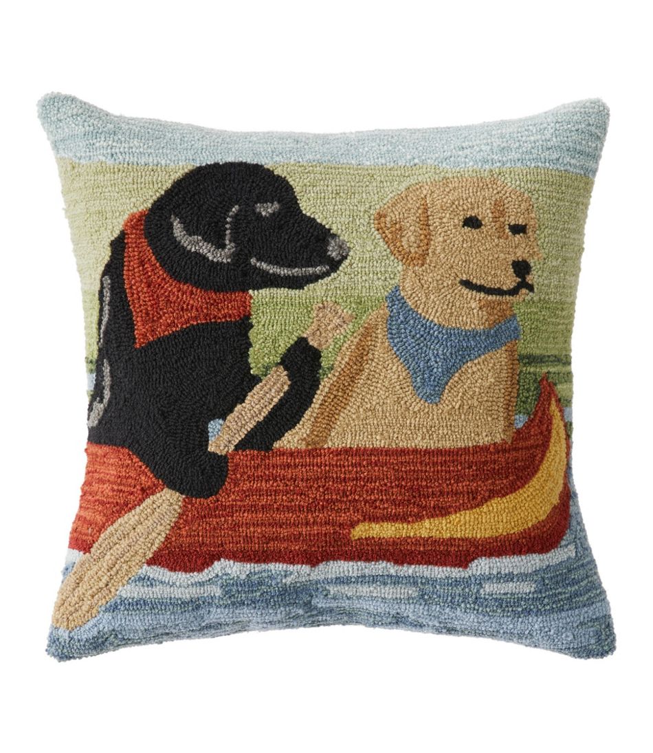 Indoor/Outdoor Hooked Pillow, Dogs in Canoe, 18" x 18"