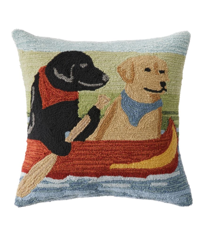 Indoor/Outdoor Hooked Pillow, Dogs in Canoe, 18" x 18"