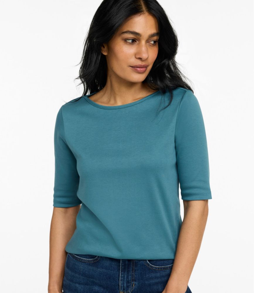 Women's Pima Cotton Tee, Elbow-Sleeve Boatneck