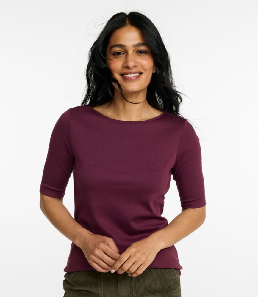 Women's Pima Cotton Tee, Elbow-Sleeve Boatneck