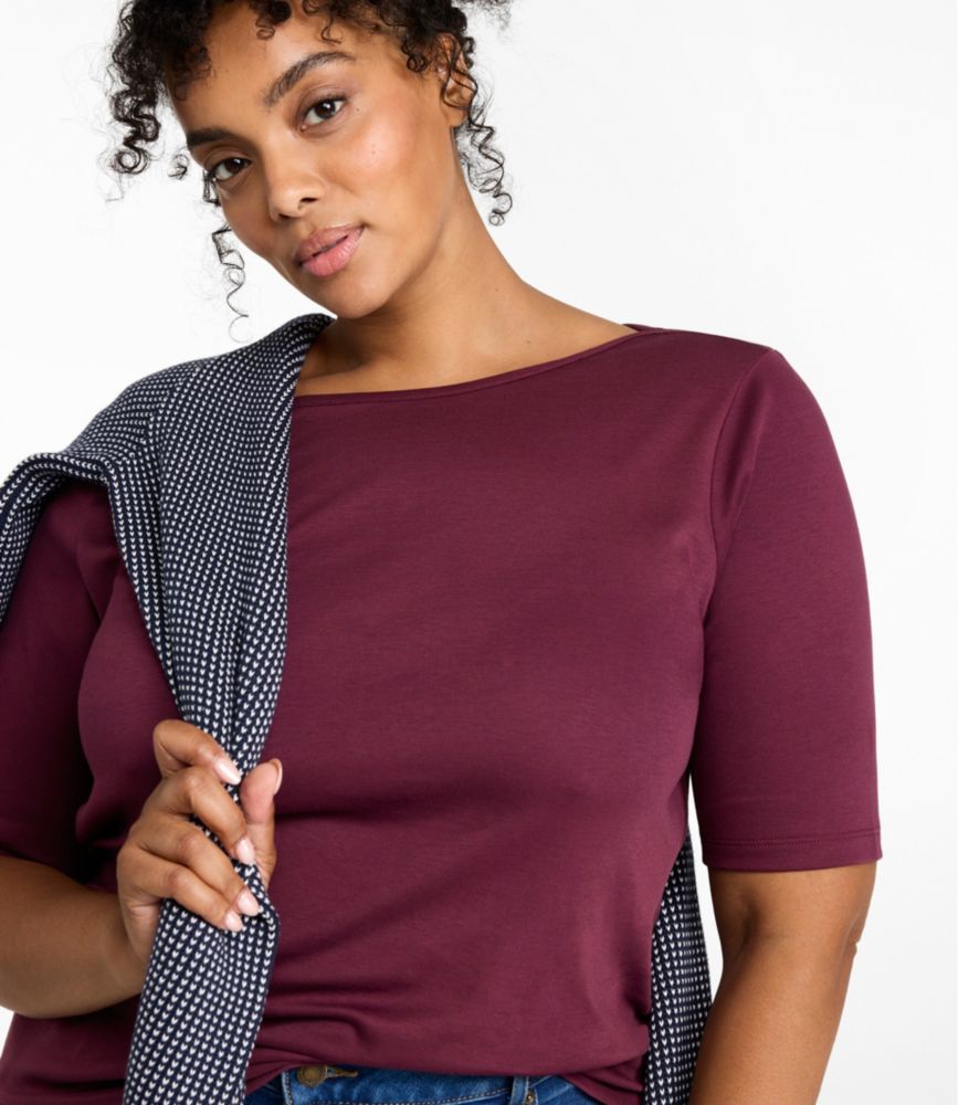 Women's Pima Cotton Tee, Elbow-Sleeve Boatneck